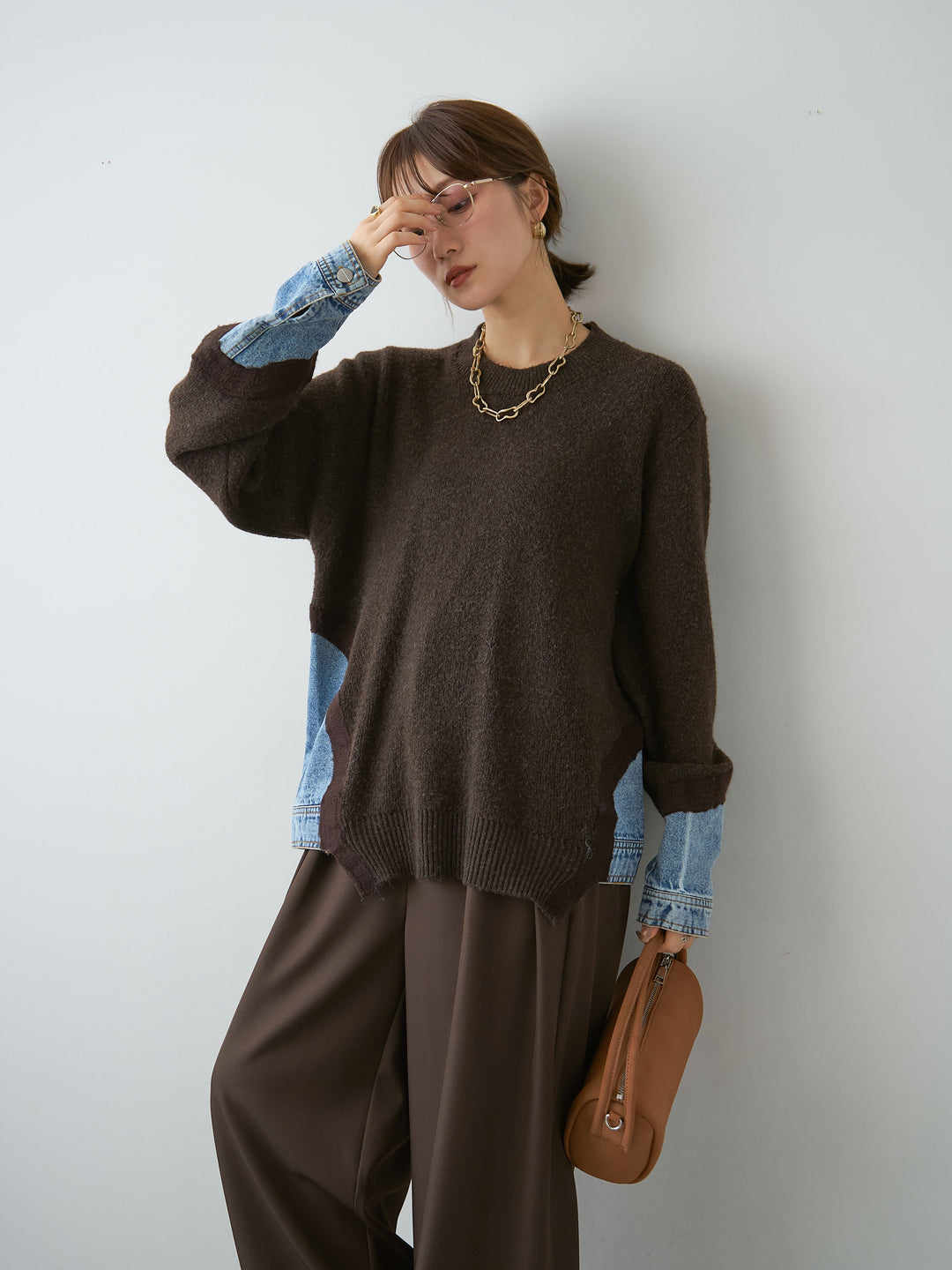 [予約]デニムドッキングニットプルオーバー/brown