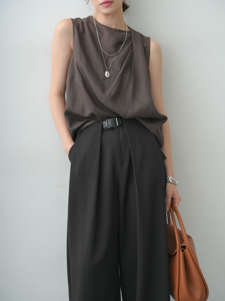 [予約]リネンライクサイドショルダーギャザーノースリトップス/brown