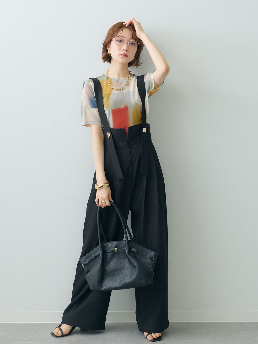 [SET]水彩アートシアーTシャツ+ゴールドボタンサスペンダーワイドパンツ(2set)