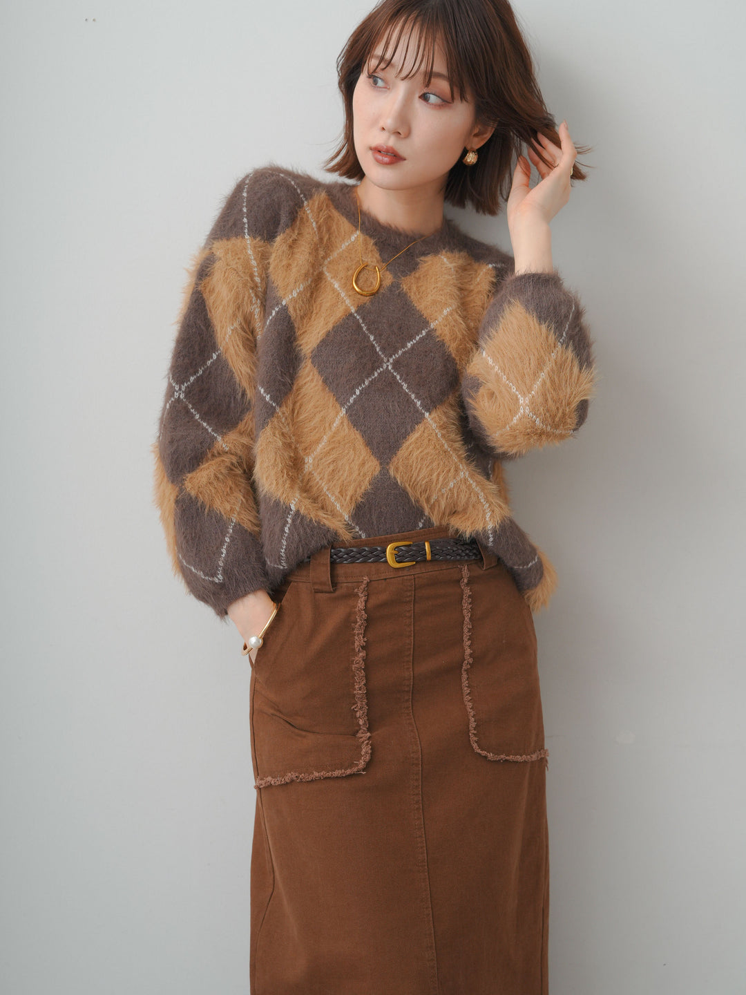 [予約]アーガイルシャギーニットトップス/brown
