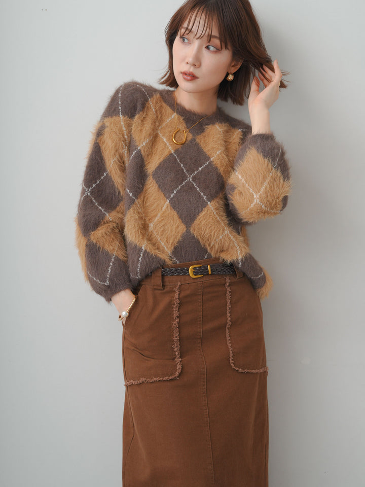 [予約]アーガイルシャギーニットトップス/brown