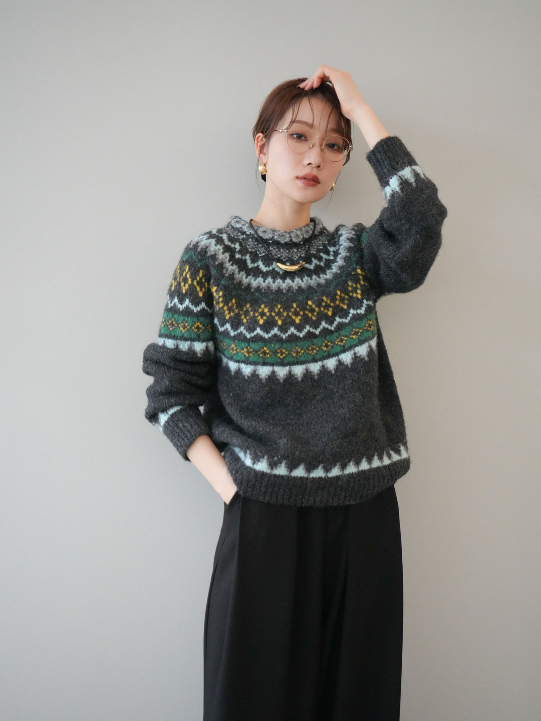 [予約]ウールタッチ求心柄オーバーニットプルオーバー/gray