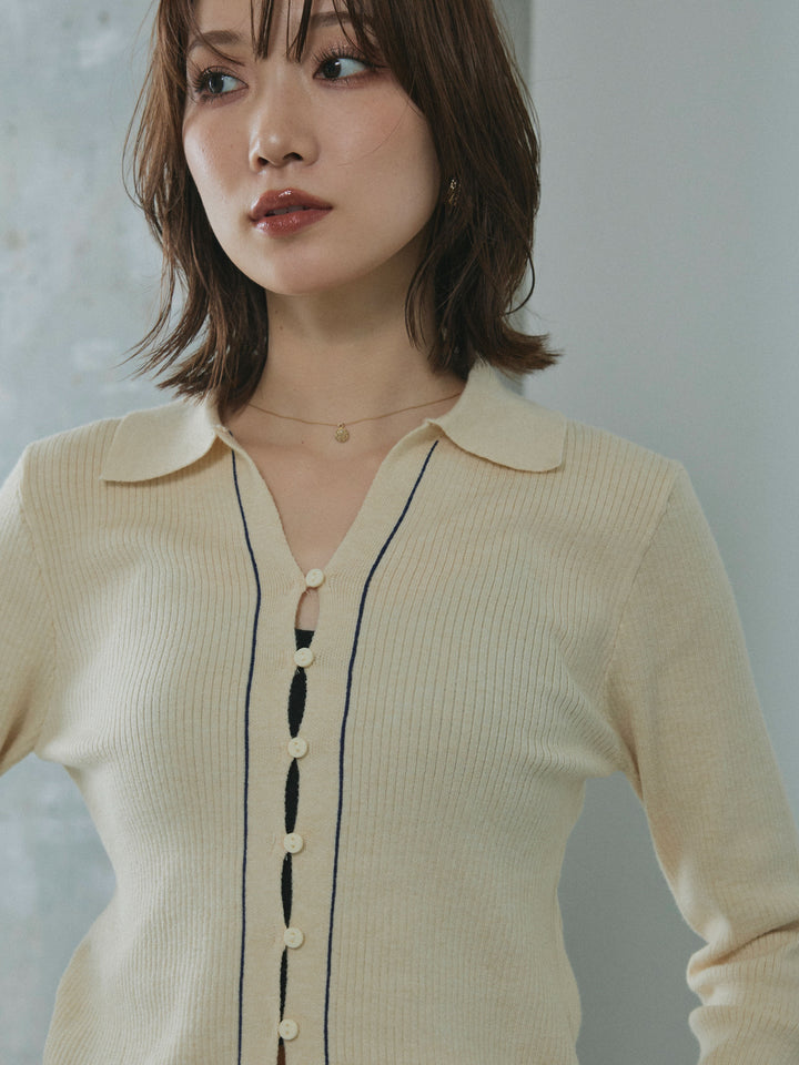 【Allure】[SET]リブ配色ラインポロニットカーディガン+杢チェックタックパンツ(2set)