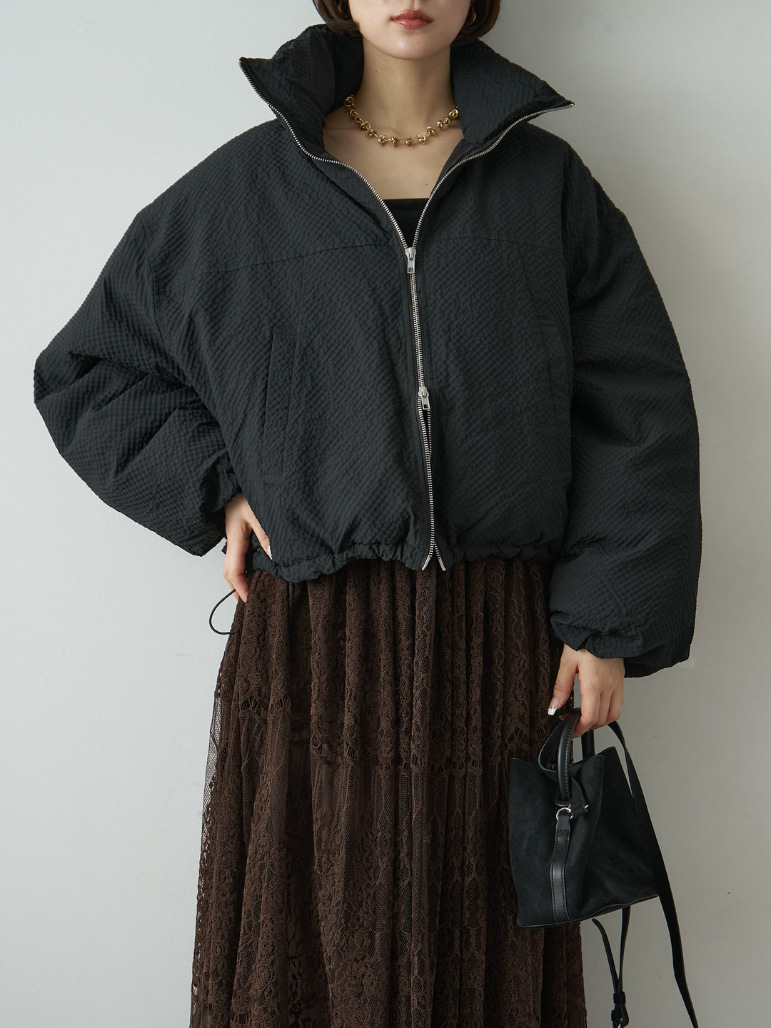 [SET]スタンドカラーショートパフジャケット+選べるアクセセット(2set)