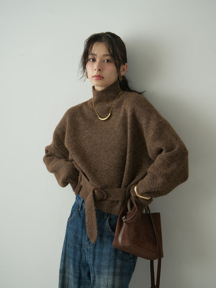 [予約]ウエストベルトハイネックニットトップス/brown