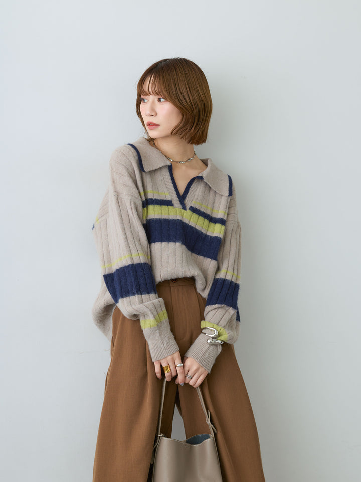 [予約]マルチボーダー起毛スキッパーニットトップス/greige