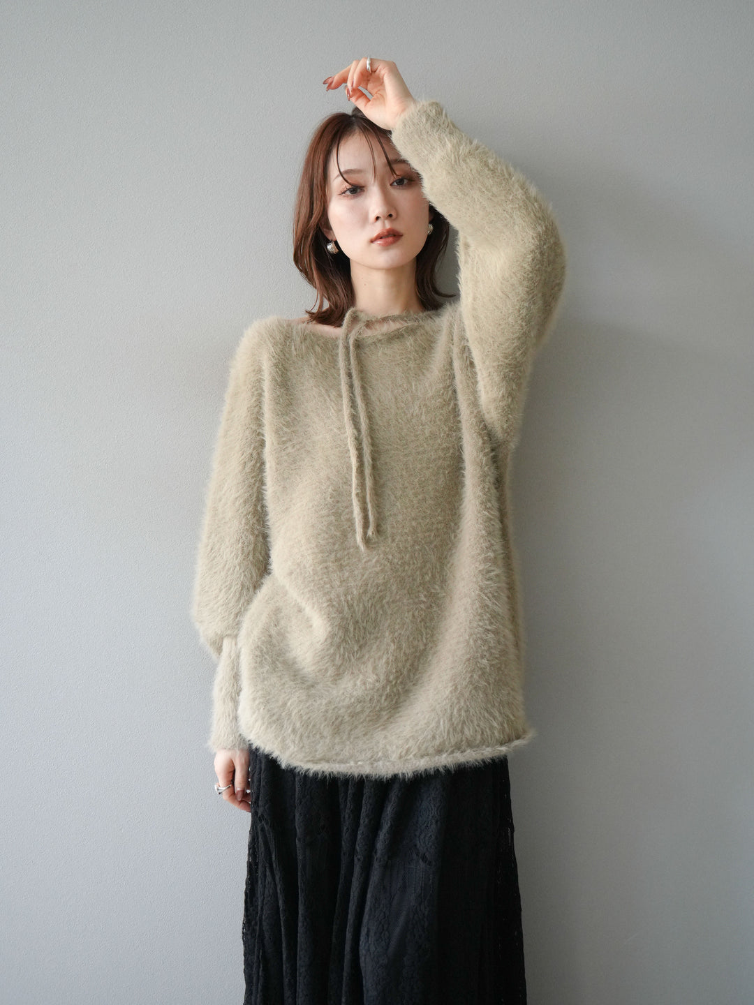 [予約]紐付きシャギーニットプルオーバー/beige