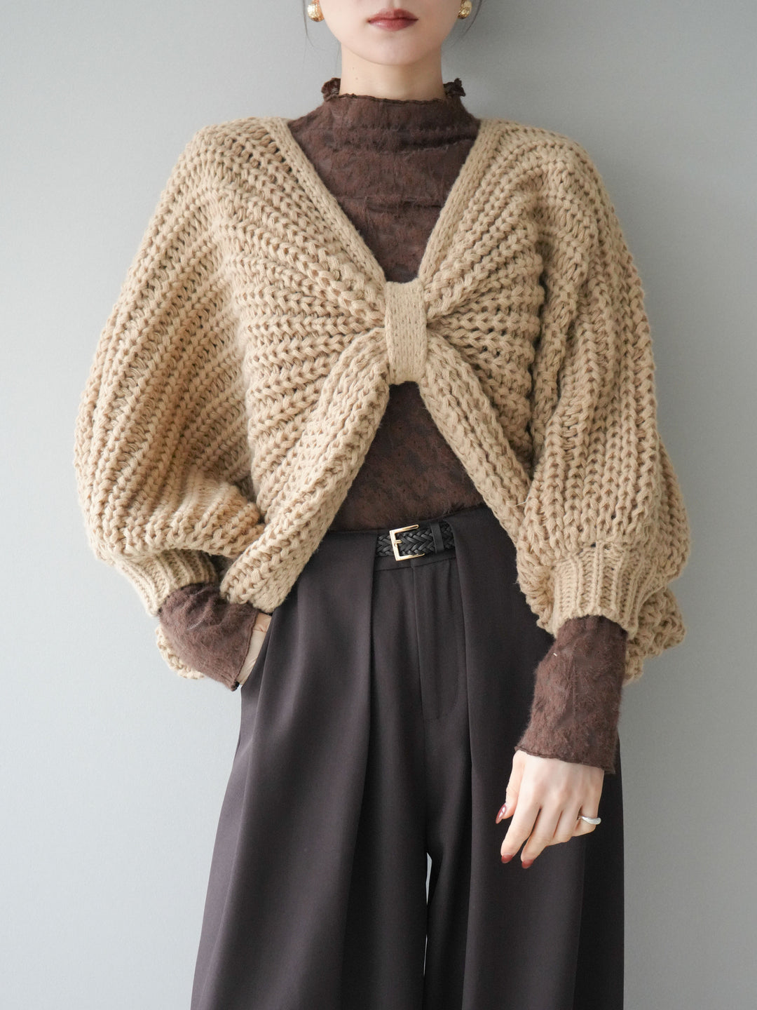 [SET]ローゲージ畦編みドルマンニットボレロ+選べるアクセセット(2set)