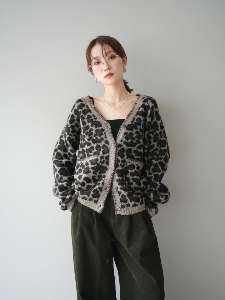 [予約]アニマル柄ステッチニットカーディガン/brown