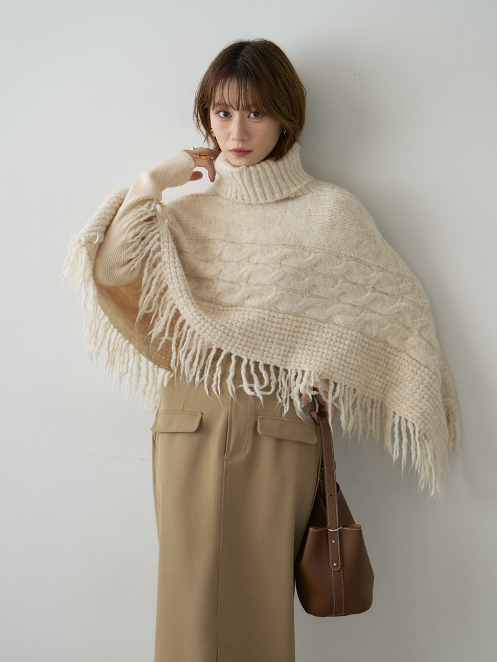[SET]フリンジケーブルニットケープ+クレープデシンフラップ付きストレートスカート(2set)