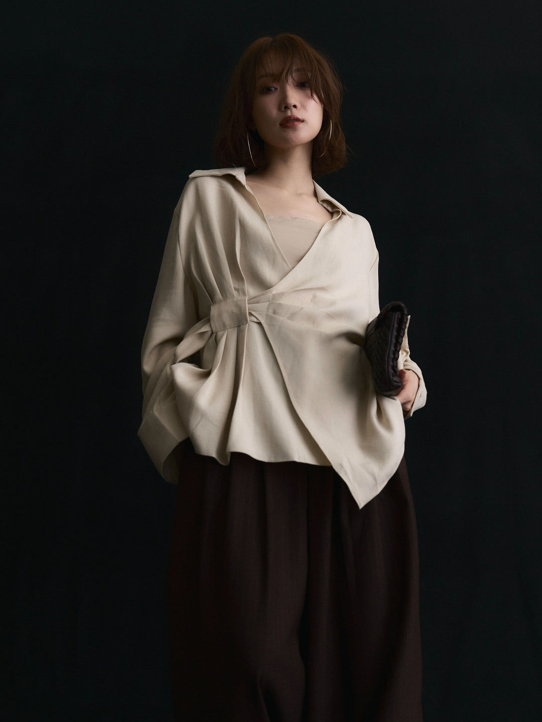 【Allure】[SET]ドレープデザインシャツ+ウールライクストライプワイドパンツ(2set)