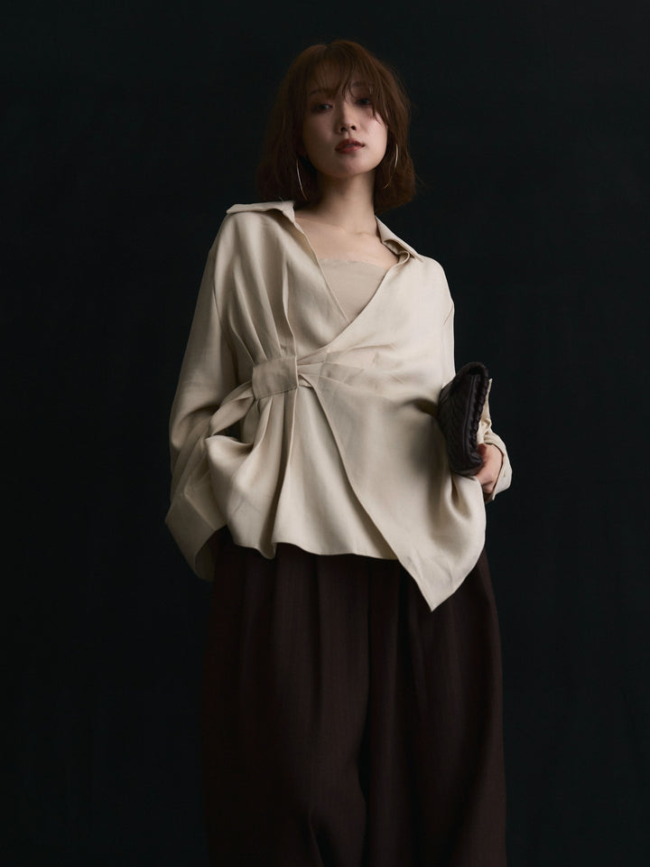 【Allure】[SET]ドレープデザインシャツ+ウールライクストライプワイドパンツ(2set)