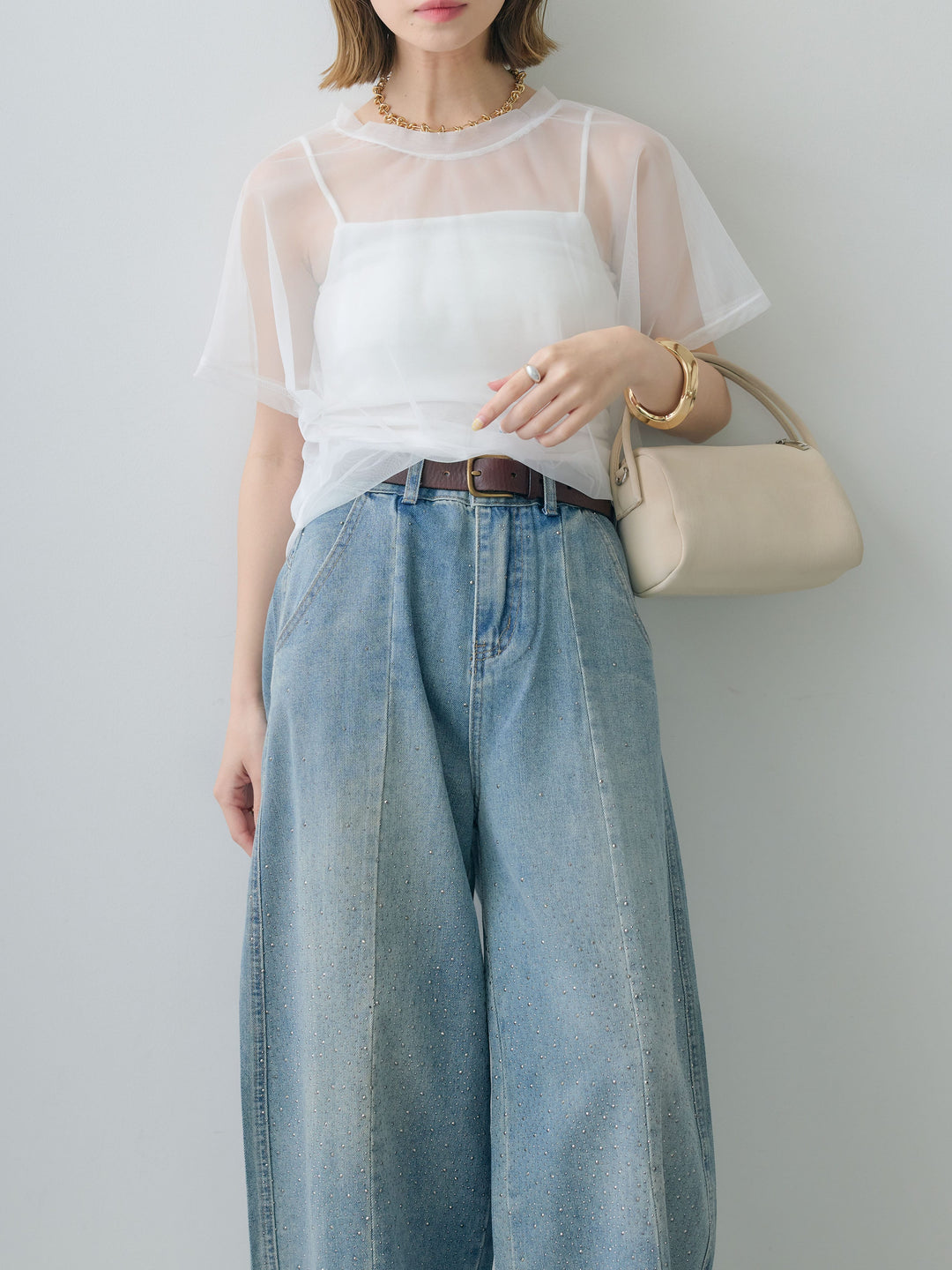 [SET]インナーキャミ付シアーオーバーTEE+フロントビジューカーブデニムパンツ(2set)