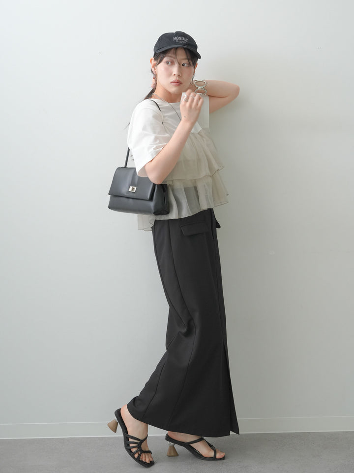 [SET]オーガンジーフリルドッキングTEE+クレープデシンフラップ付きストレートスカート(2set)