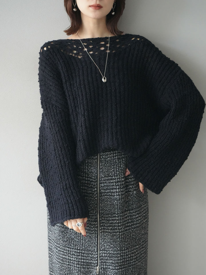 [予約]ボートネック透かし編みニットプルオーバー/navy