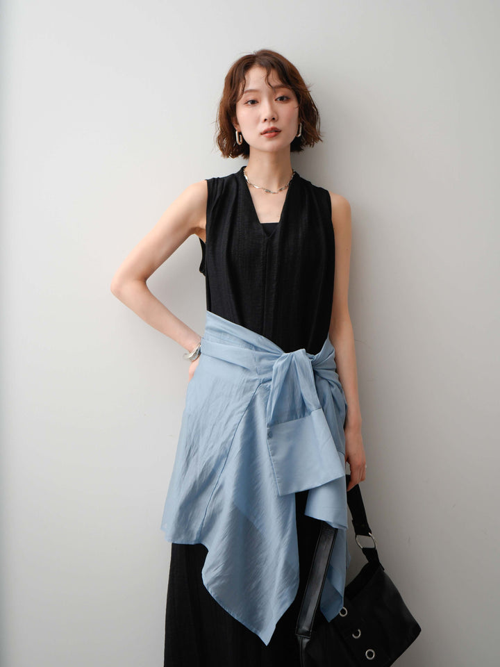 [予約]ショルダーギャザーVネックノースリワンピース/black