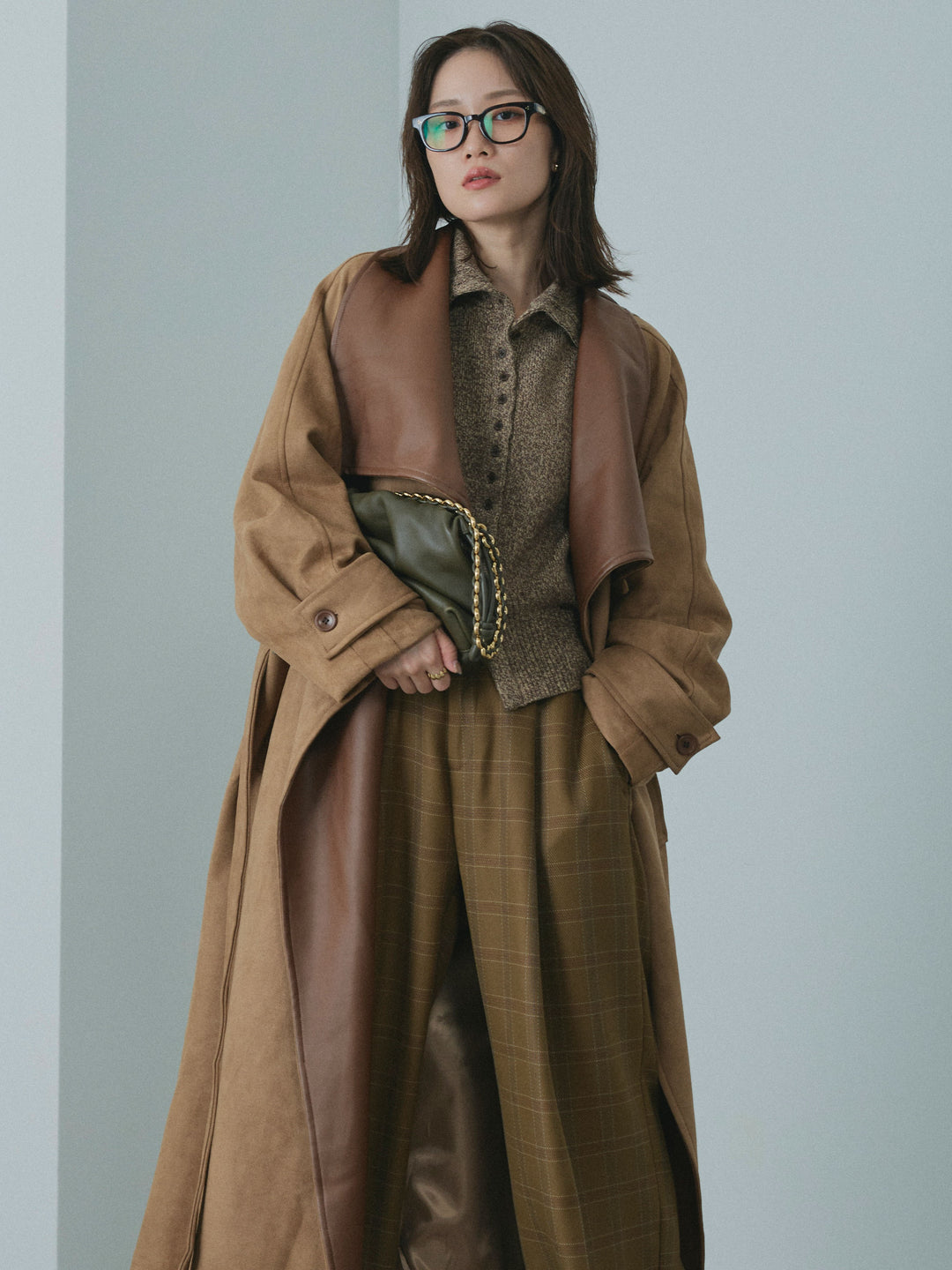 【Allure】[SET]レザーカラースウェードロングコート+杢チェックタックパンツ(2set)