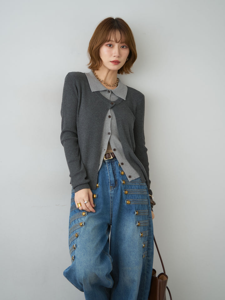 [SET]フロントレイヤードデザインリブニットシャツ+ゴールドボタンナポレオンカーブデニム(2set)