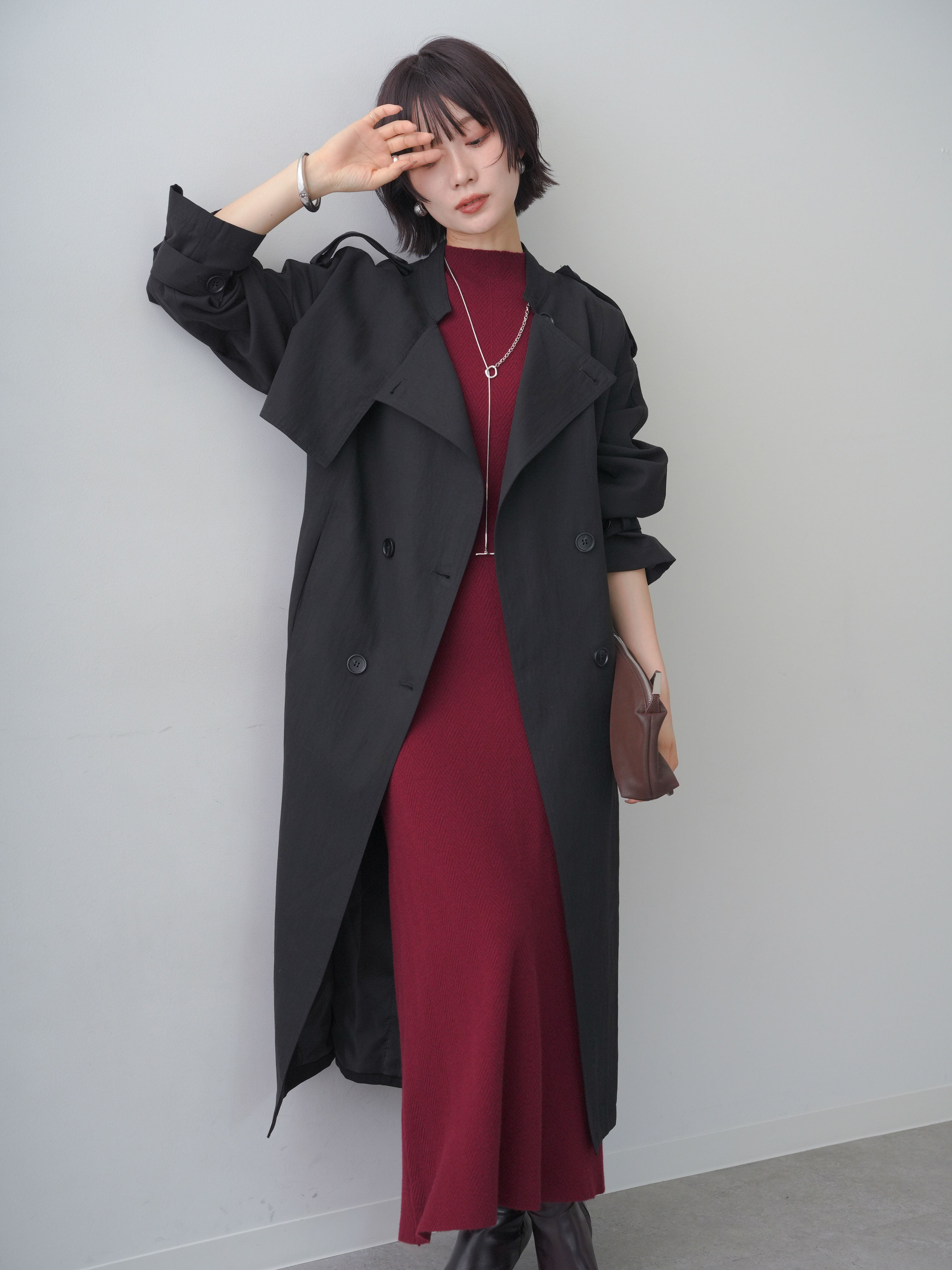 SET]ボトルネックスリムシェイプフレンチニットワンピース+ミニラペル