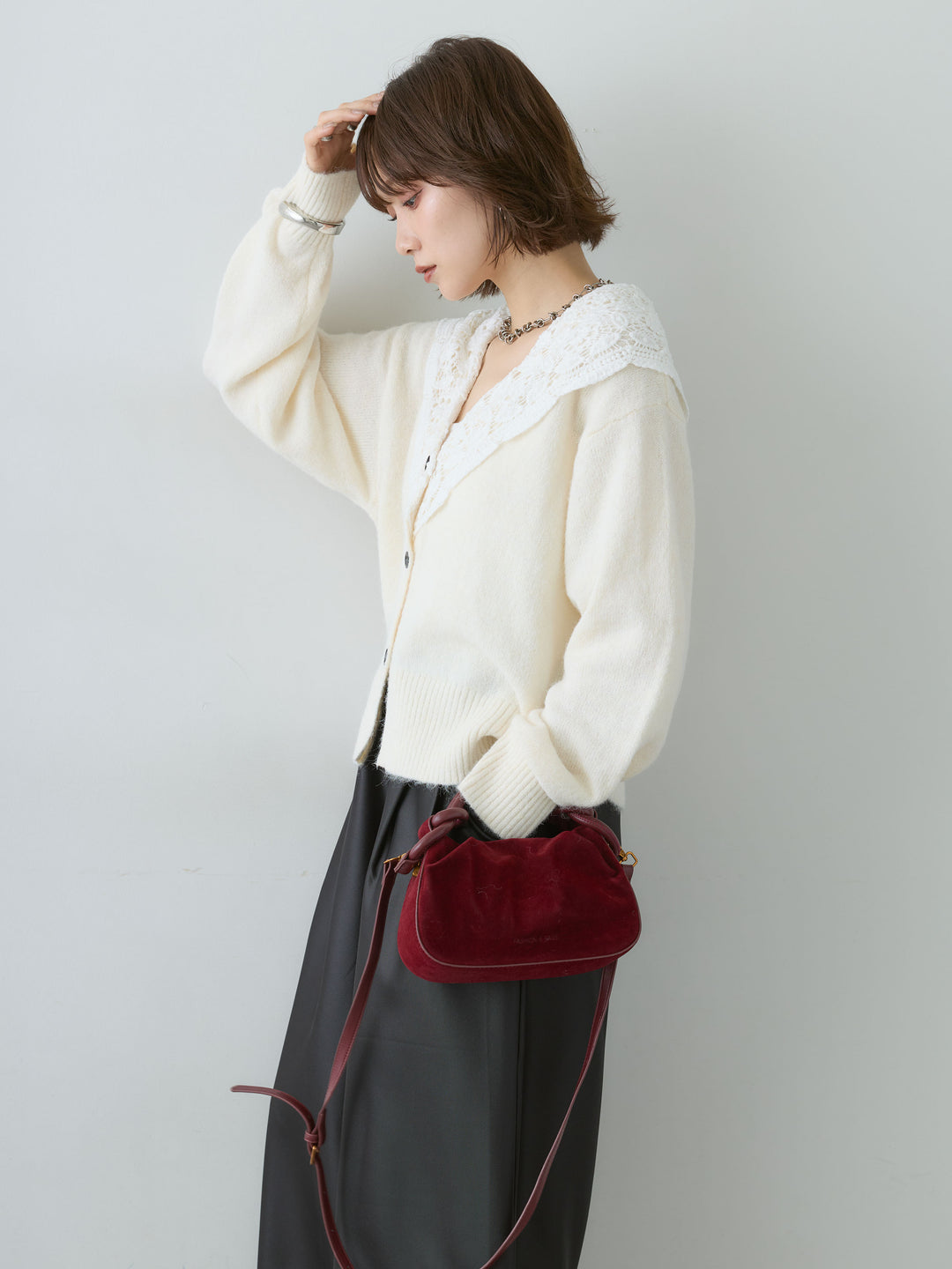 [SET]モヘアレースショールカラーカーディガン+選べるアクセセット(2set)