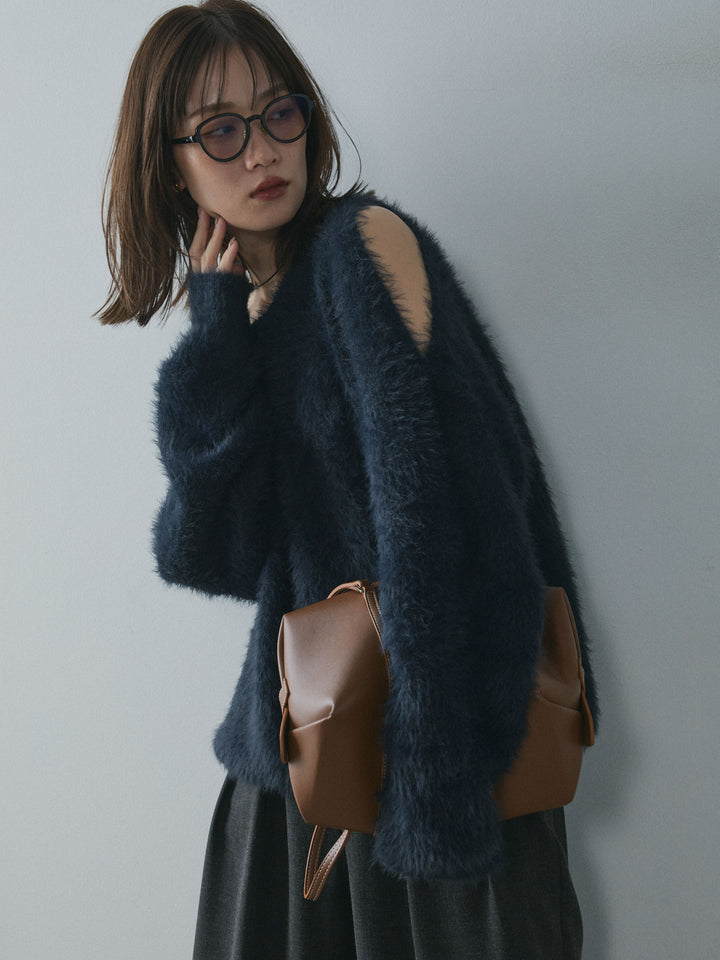 【Allure】[SET]ショルダースリットシャギーニットプルオーバー+スカーフ付ワイドパンツ(2set)