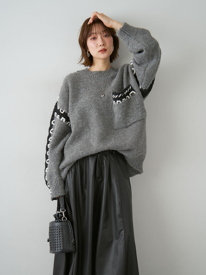 [予約]ハンドステッチデザインニットトップス/gray