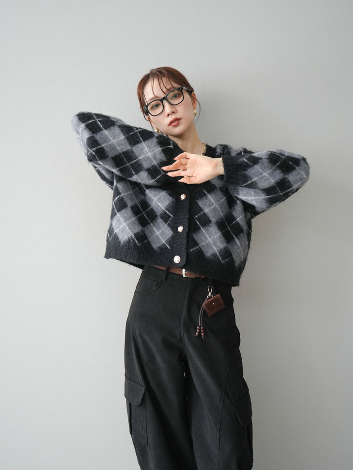 [予約]アーガイルシャギーニットカーディガン/gray