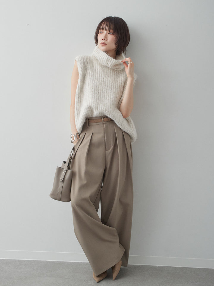 [SET]ハイネックシャギーオーバーニットベスト+ツイルタックワイドパンツ(2set)