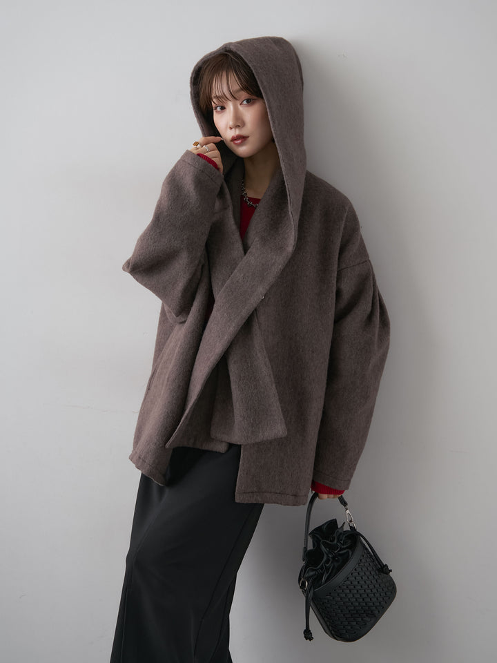[SET]フードマフ付メランジコート+クレープデシンフラップ付きストレートスカート(2set)