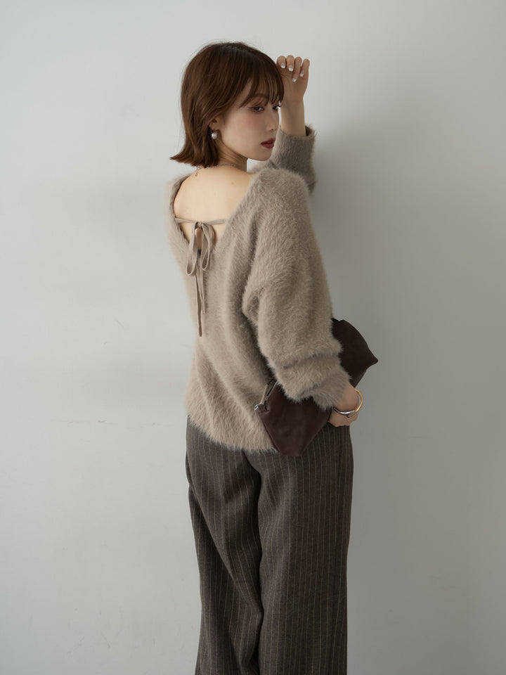 [SET]バックリボンVネックシャギーニットトップス+ピンストライプタックワイドパンツ(2set)