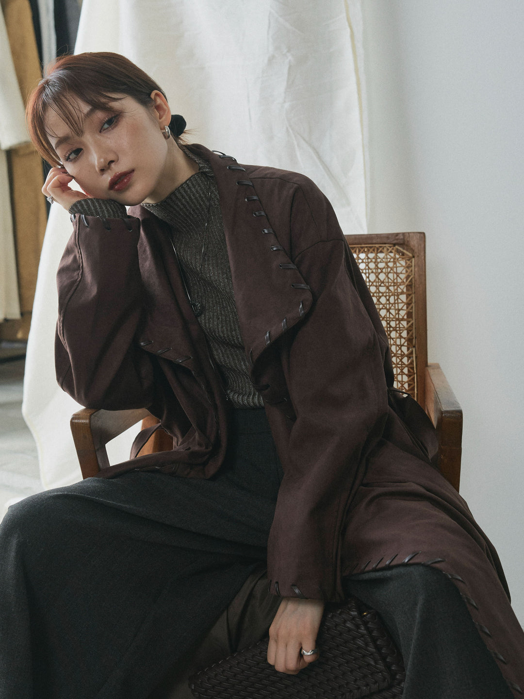 【Allure】[SET]スウェードハンドステッチロングコート+スカーフ付ワイドパンツ(2set)