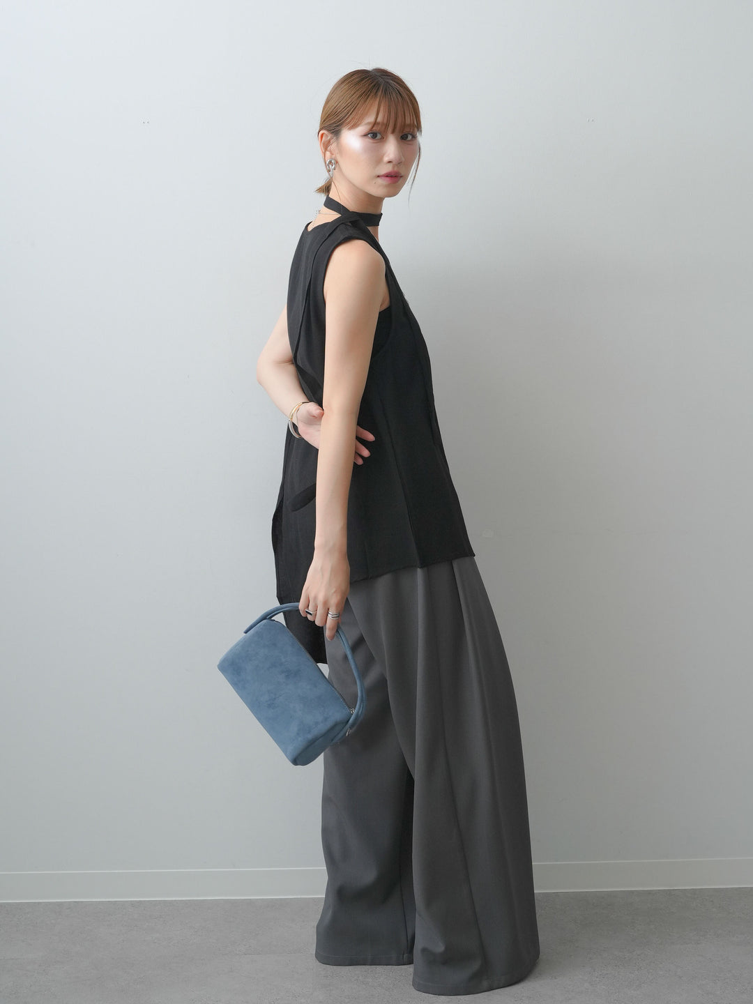 [SET]タイ付アシメヘムノースリトップス+ベルトループデザインワイドパンツ(2set)