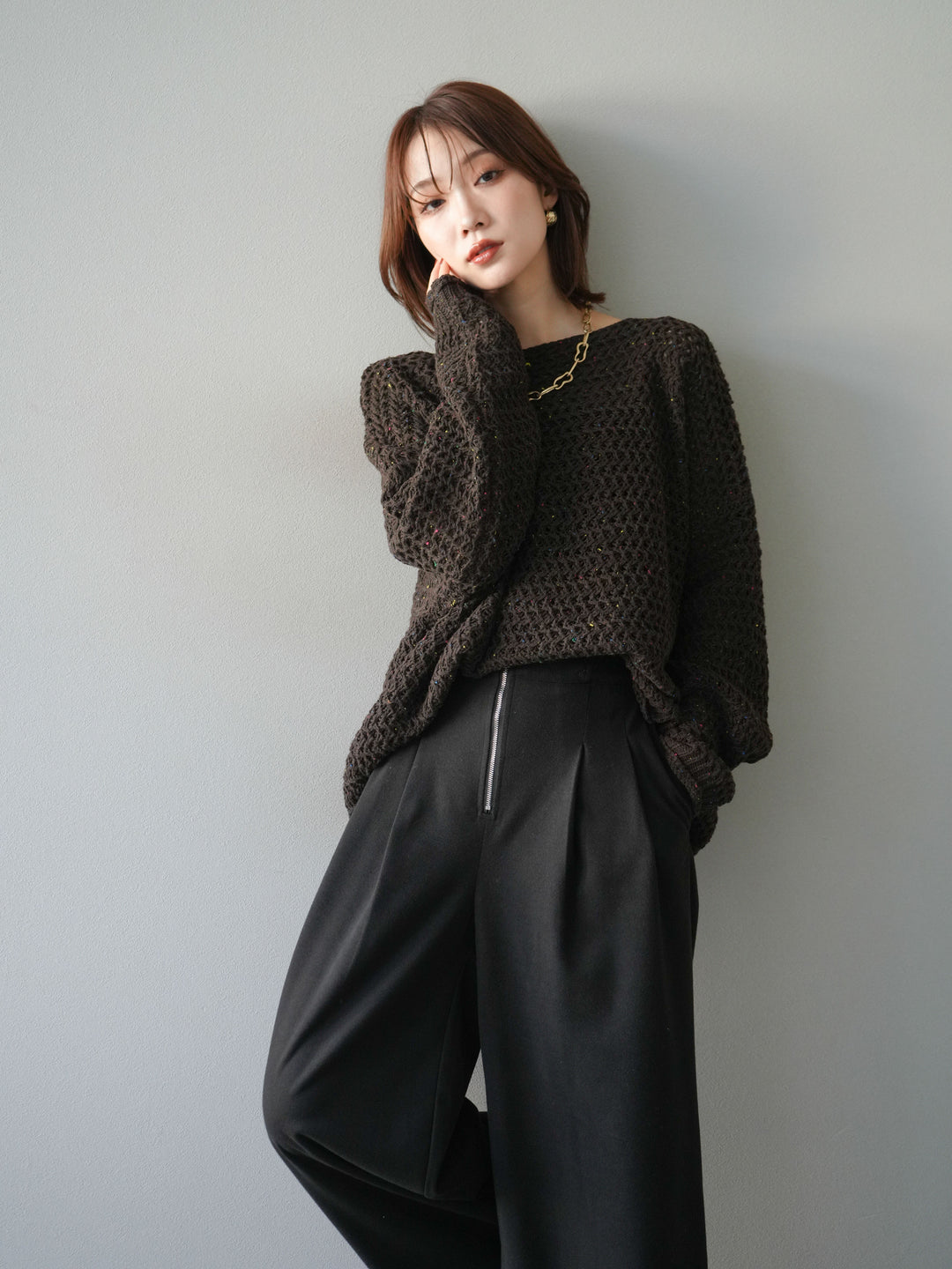 [予約]ネップ透かし編みオーバーニット/brown