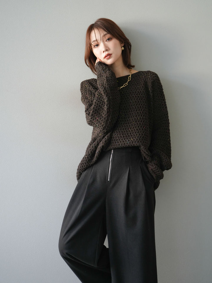 [予約]ネップ透かし編みオーバーニット/brown