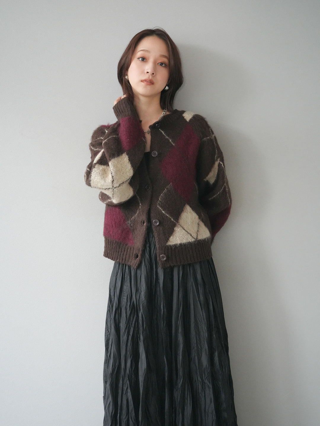 [予約]モヘアタッチアーガイルニットカーディガン/brown