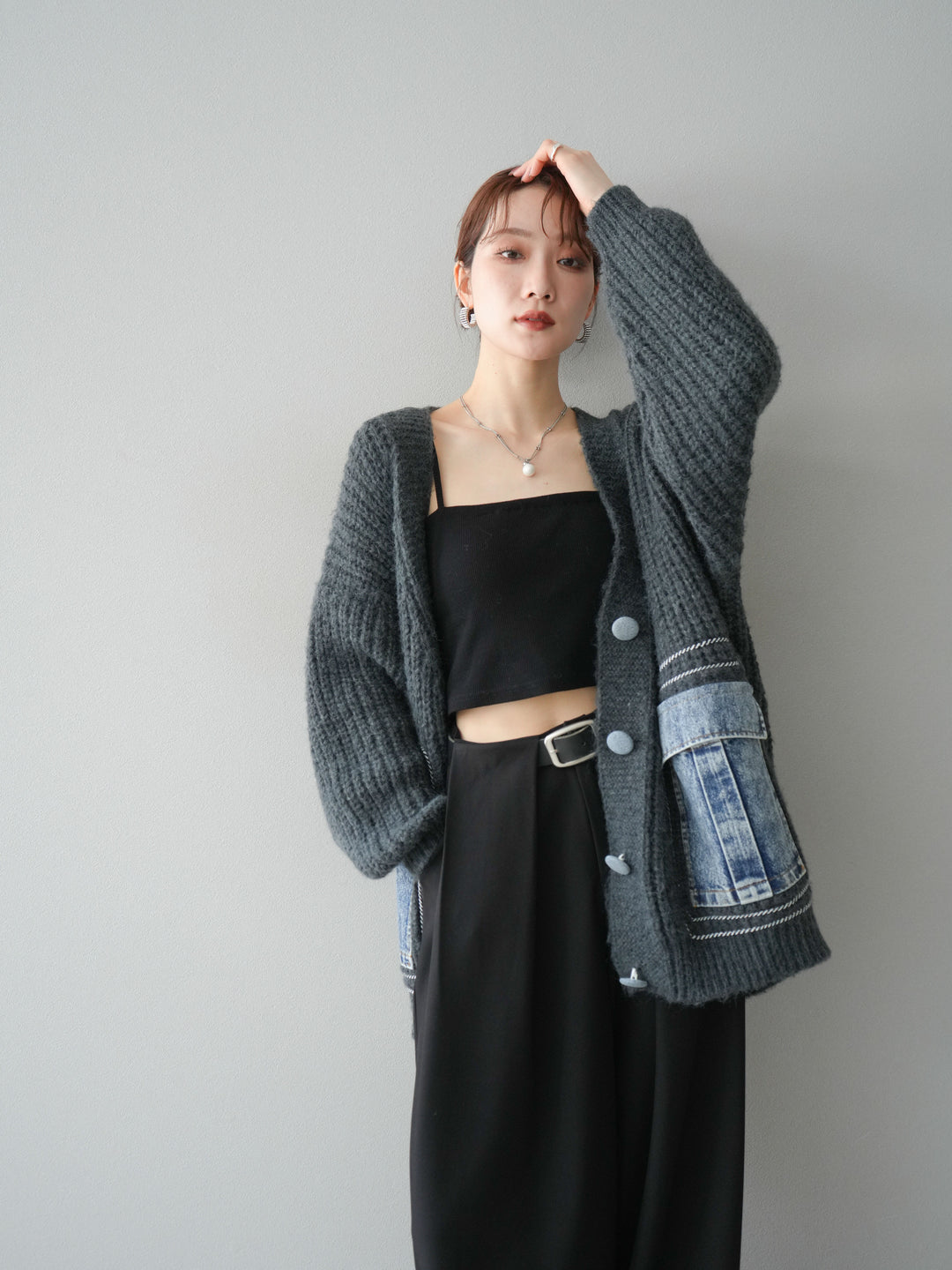 [予約]デニムポケットハンドステッチカーディガン/gray