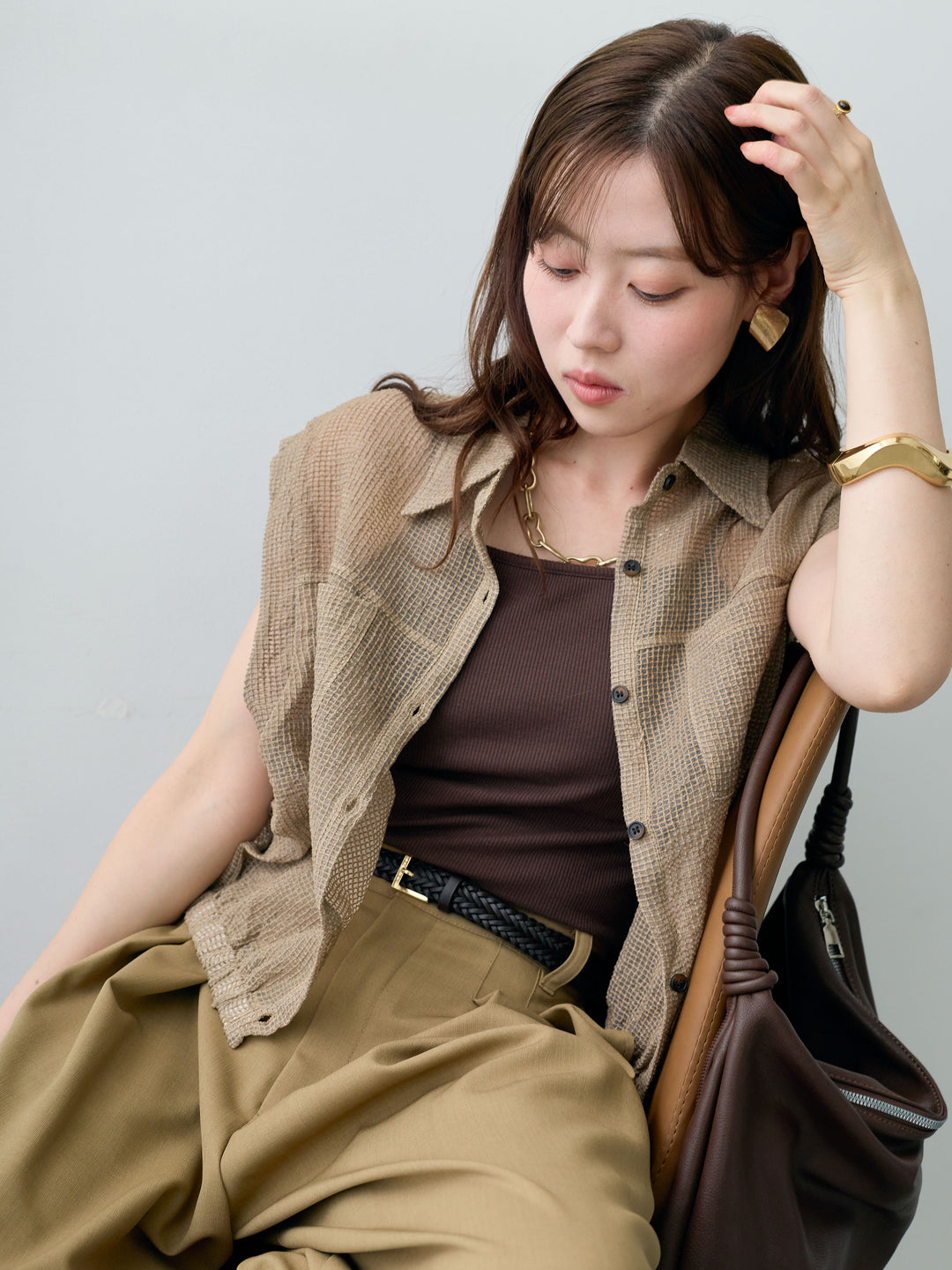 [SET]ラッセルメッシュフレンチシャツ+クレープデシンタックワイドパンツ(2set)