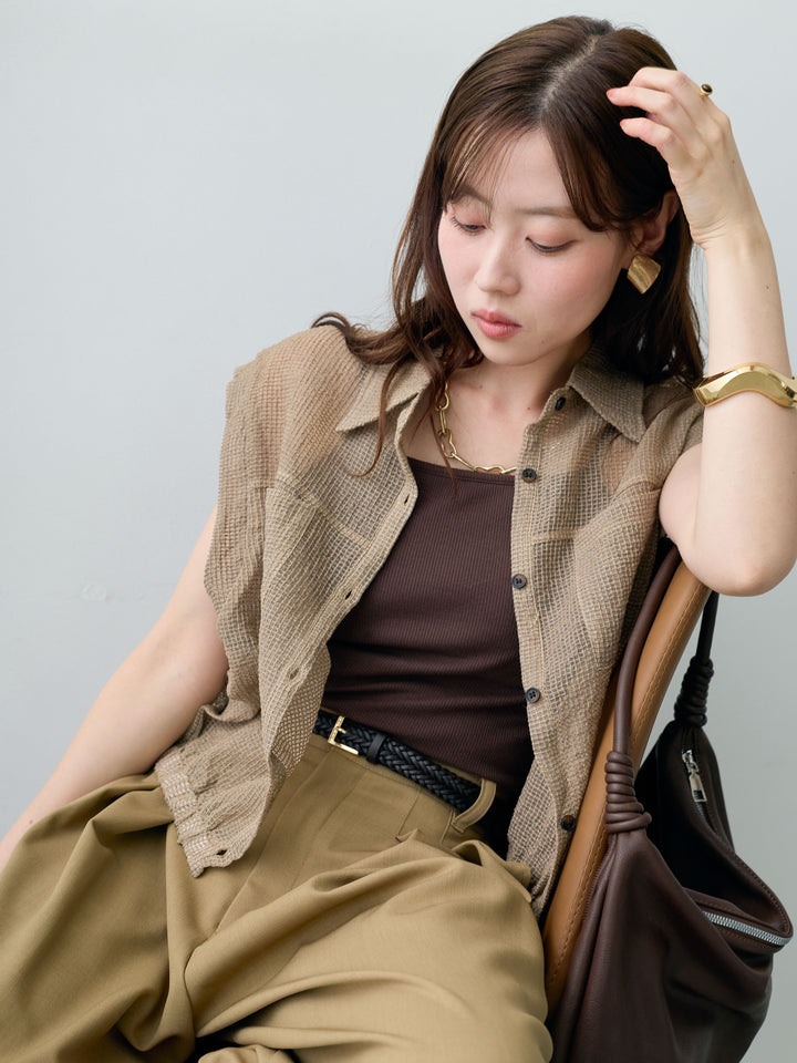 [SET]ラッセルメッシュフレンチシャツ+クレープデシンタックワイドパンツ(2set)