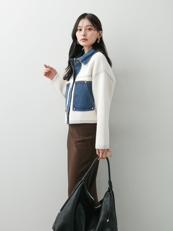 [SET]デニムコンビスムースニットジャケット+デニムコンビスムースニットジャケット(2set)