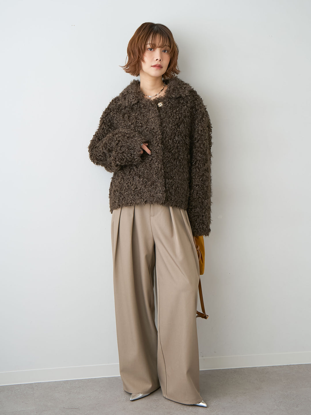 [SET]プードルファーショートジャケット+ツイルタックワイドパンツ(2set)