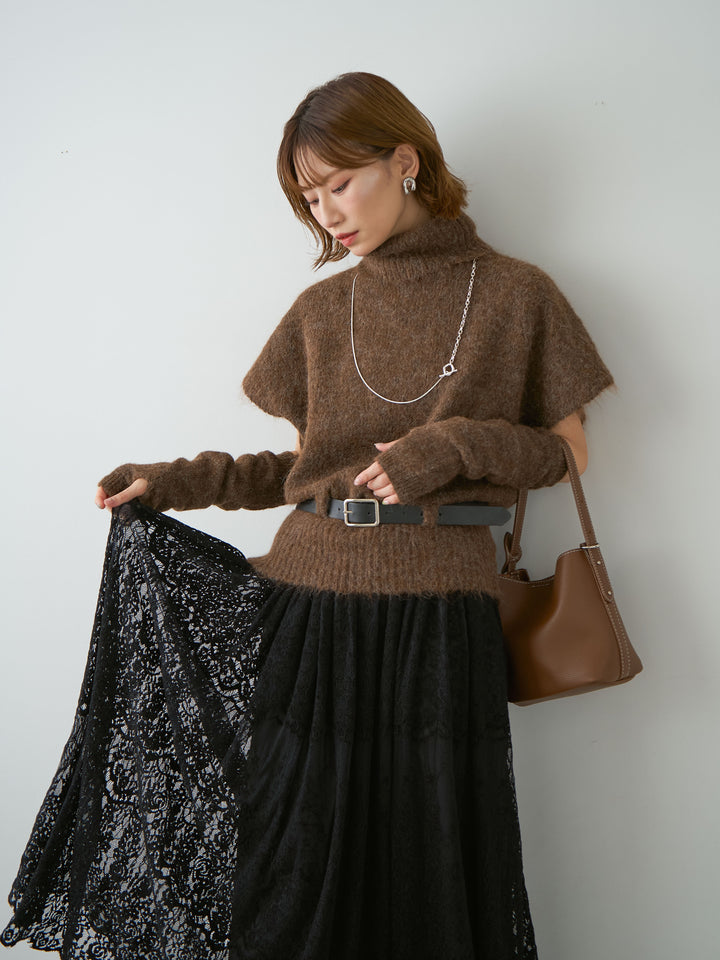 [予約]アームウォーマー付ベルテッドニットトップス/brown