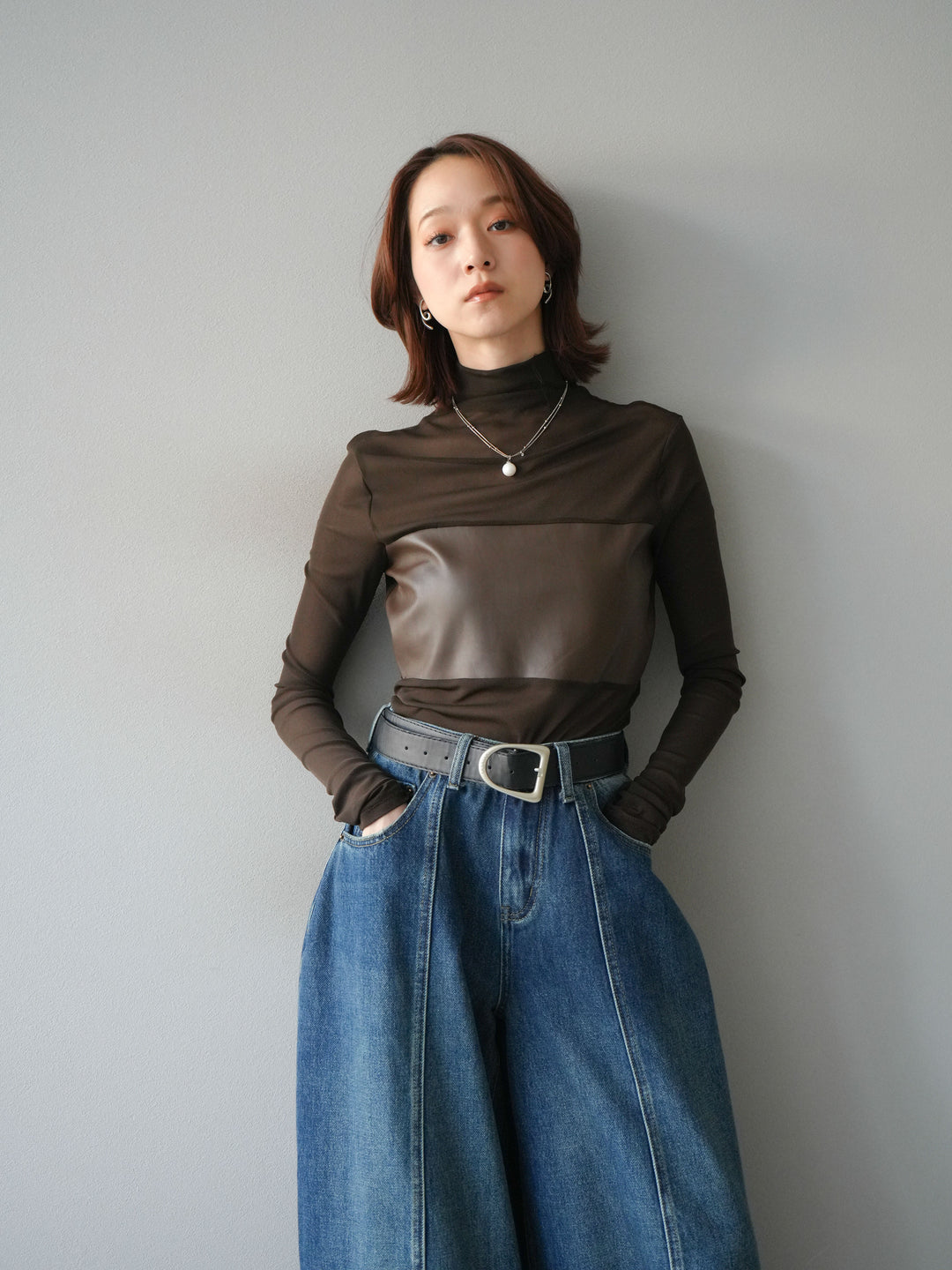 [予約]レザー切替プチネックシアートップス/khaki