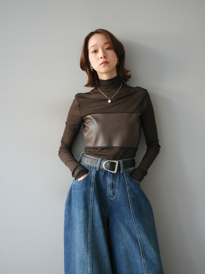 [予約]レザー切替プチネックシアートップス/khaki