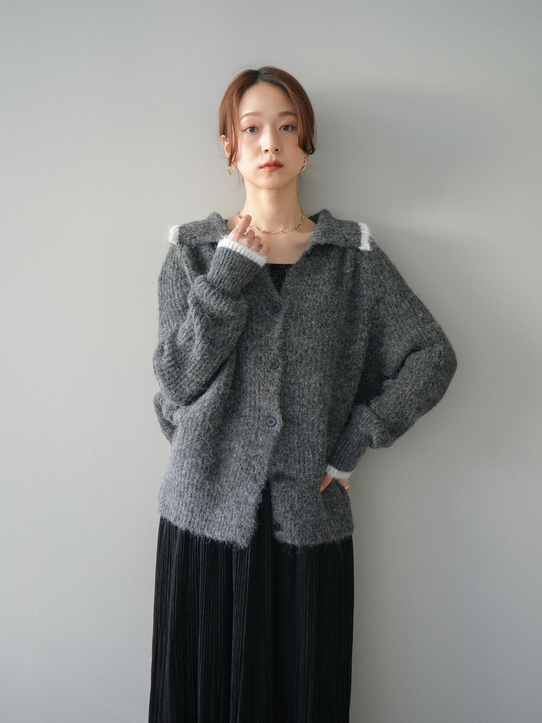 [予約]襟付きバイカラーミックスニットカーディガン/gray