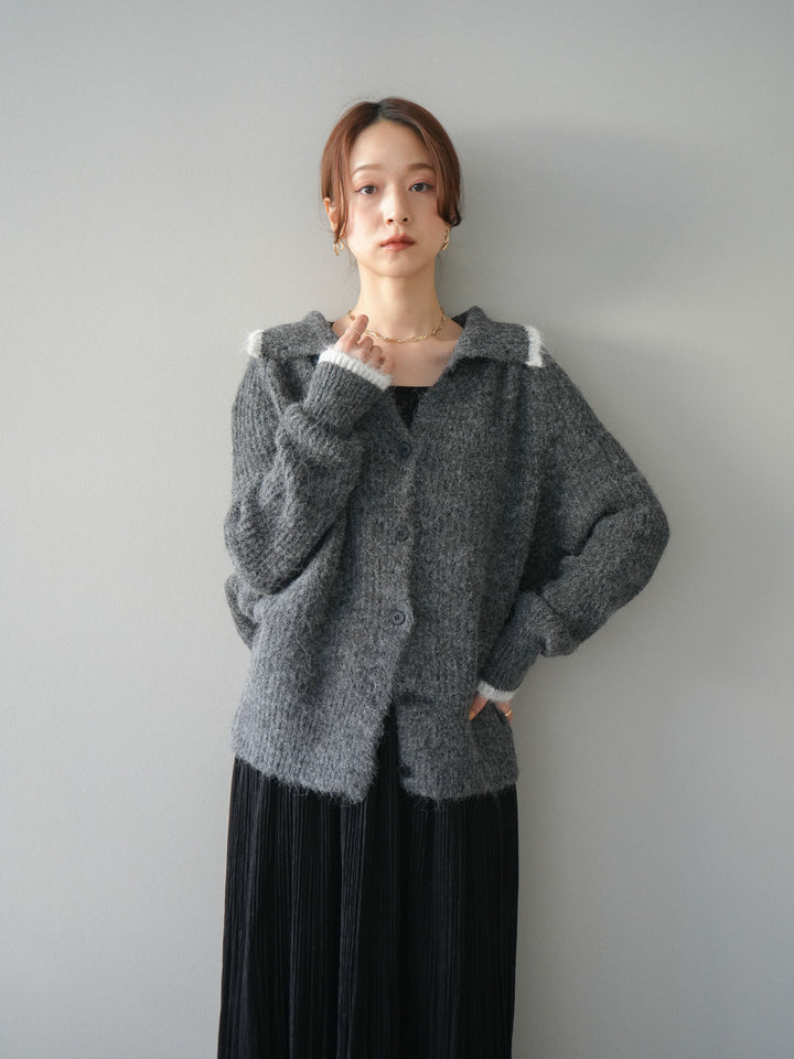 [予約]襟付きバイカラーミックスニットカーディガン/gray