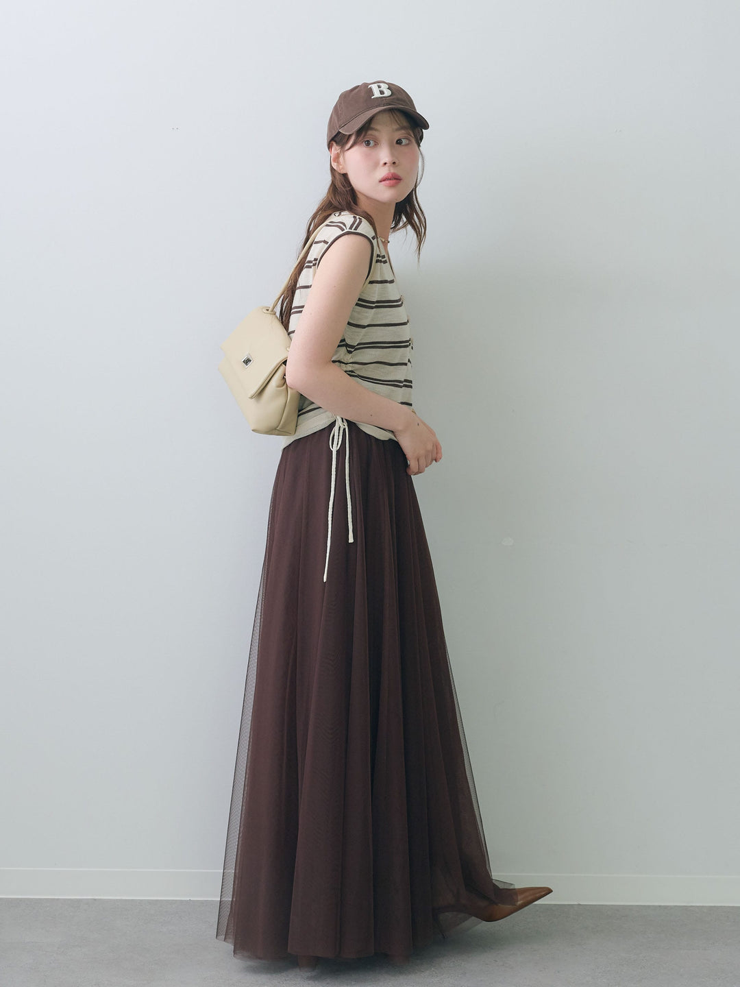 [SET]サイドギャザーボーダーVネックニットノースリトップス+チュールボリュームスカート(2set)