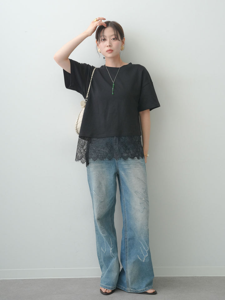 [SET]アシメレースヘムワイドTEE+グラフィックスクラッチワイドデニム(2set)
