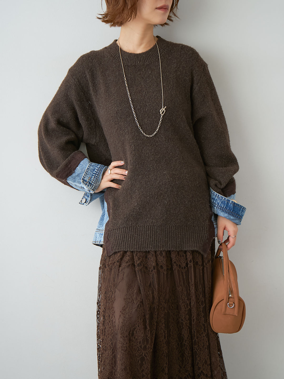 [予約]デニムドッキングニットプルオーバー/brown