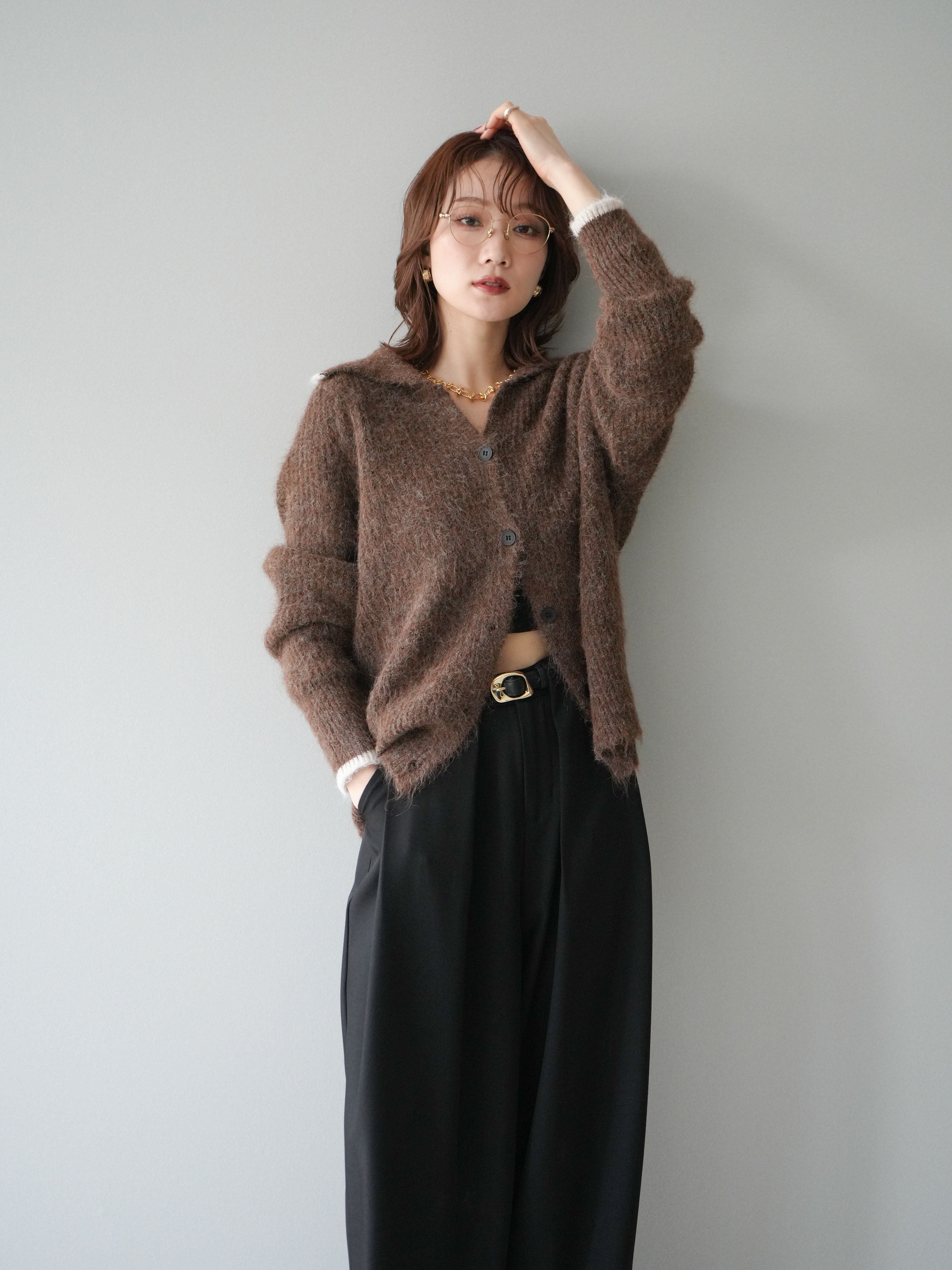 予約]襟付きバイカラーミックスニットカーディガン/brown – Lumier