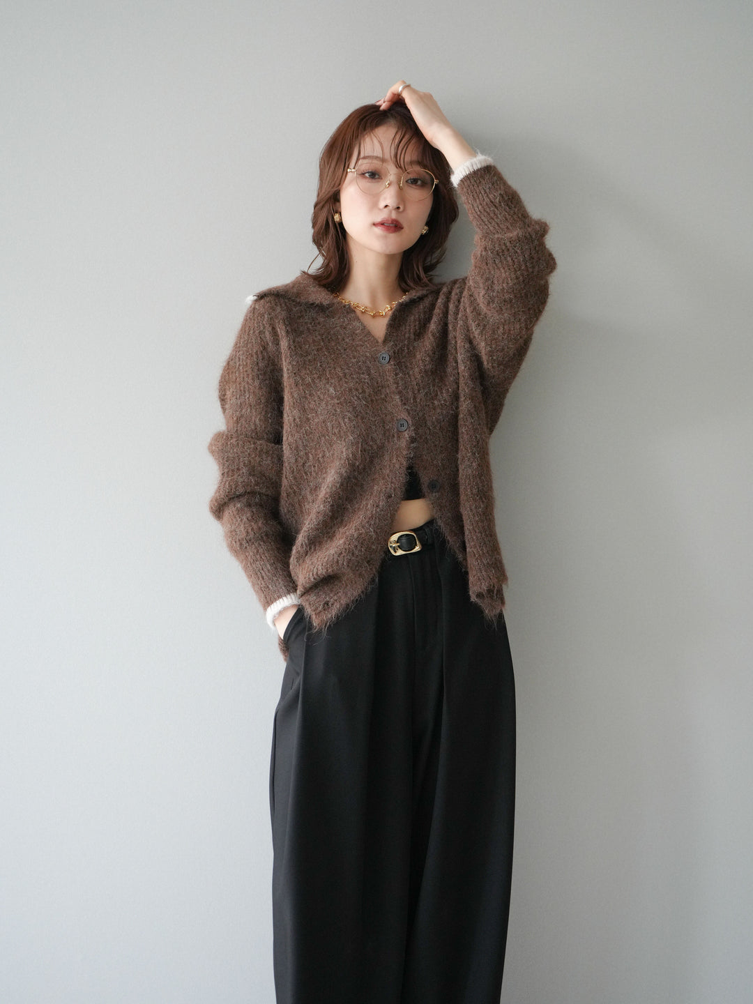 [予約]襟付きバイカラーミックスニットカーディガン/brown